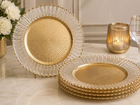 Gold-rimmed decorative charging plates
