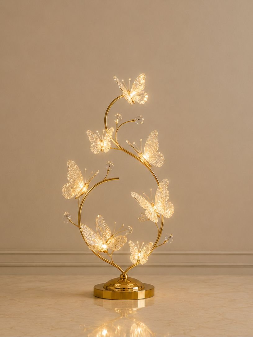 Warm golden butterfly LED string lights glowing softly in a room