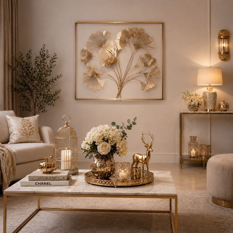 Elegant luxury home décor arrangement featuring crystal vases, candle stands, and premium interior decorations