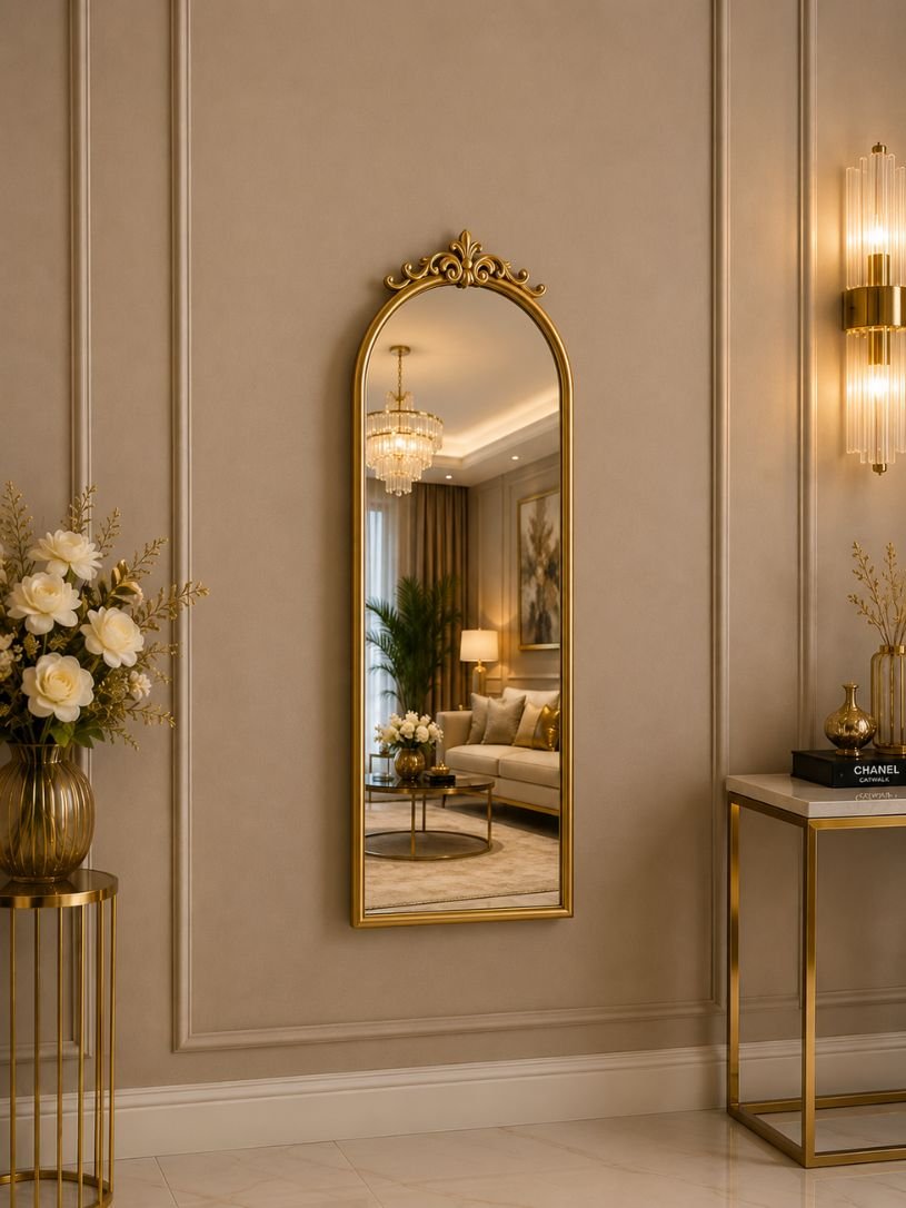 Gold Arch Mirror with brushed gold frame against a warm wall