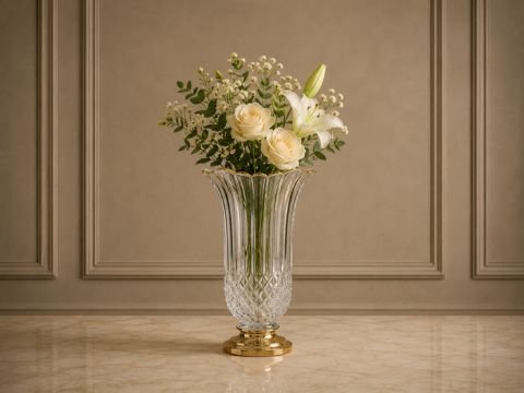 Crystal fluted vase catching light on a marble surface